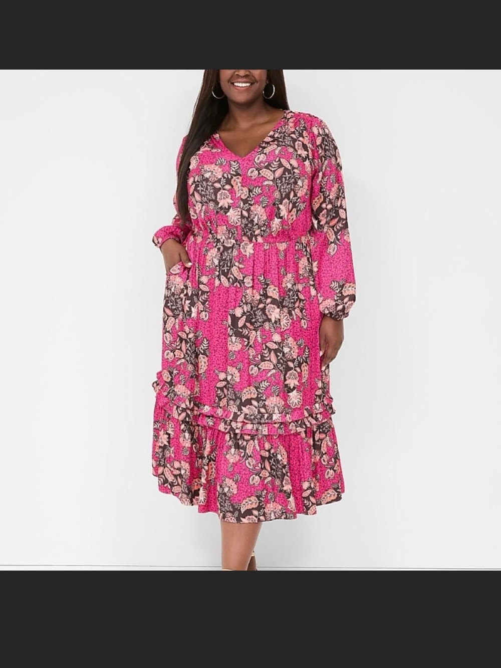 Lane Bryant Pink Floral V-Neck Tiered Dress